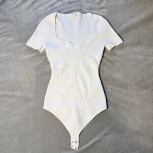 Sweetheart Bodysuit Ribbed Coquette White Women's Small